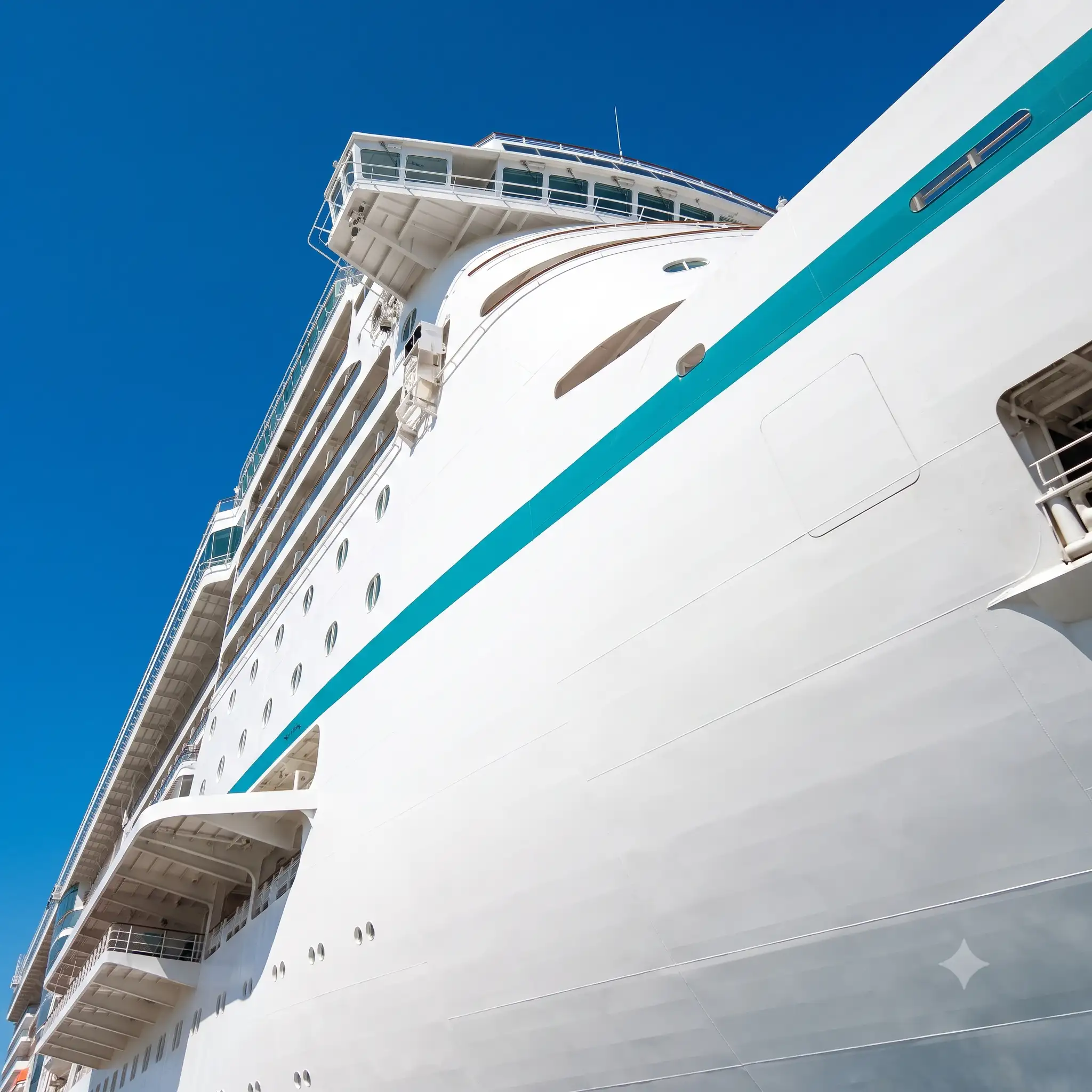 Cruise ship exterior gleaming on the open ocean